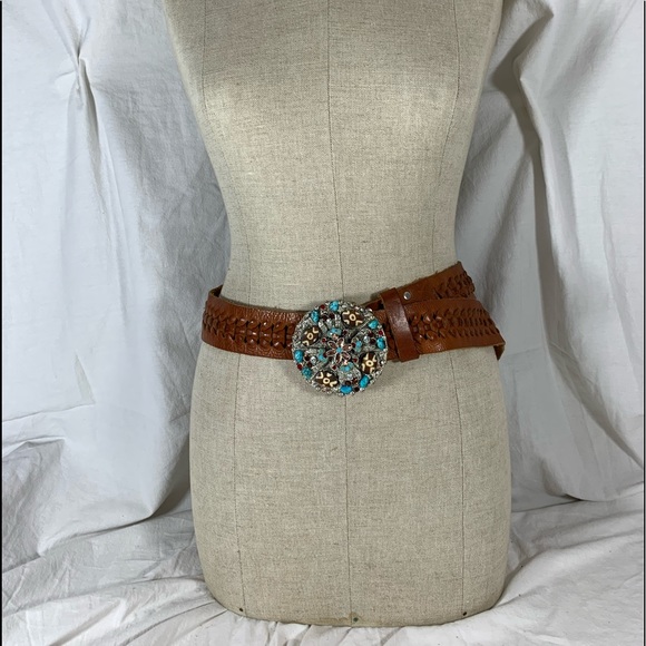 Vintage LEATHEROCKS USA jeweled turquoise woven leather belt 34 medium main image 6